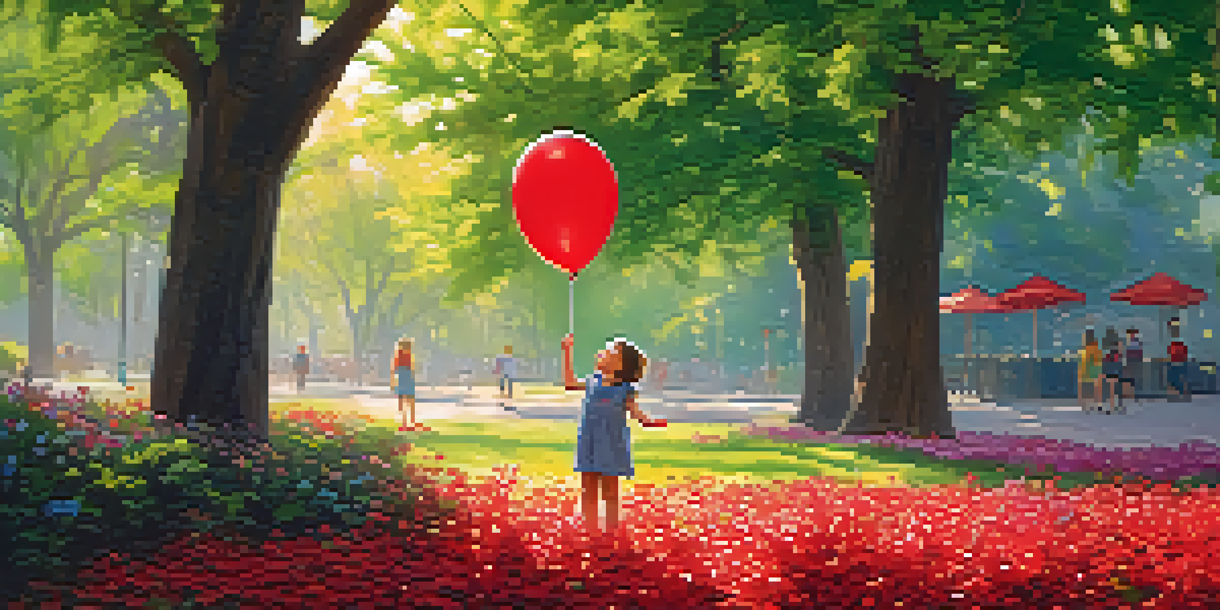 A child in a park making a silly face while holding a red balloon, surrounded by green trees and colorful flowers in sunny weather.