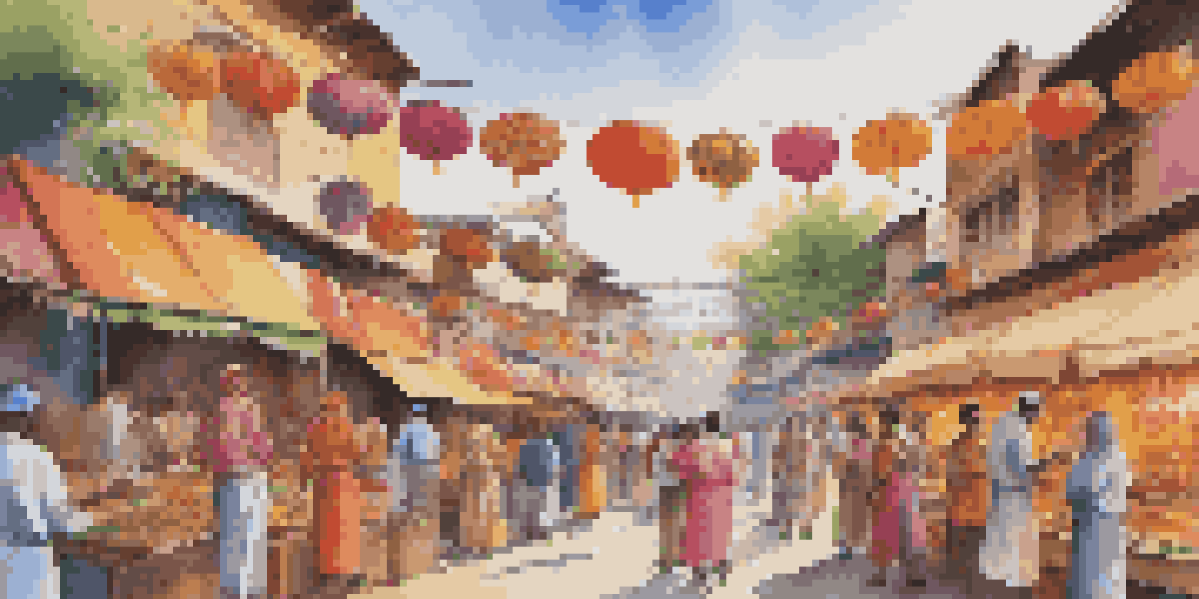 A lively street festival with artists painting a mural, surrounded by colorful decorations and food stalls.