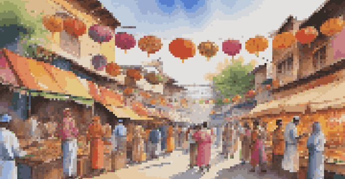 A lively street festival with artists painting a mural, surrounded by colorful decorations and food stalls.