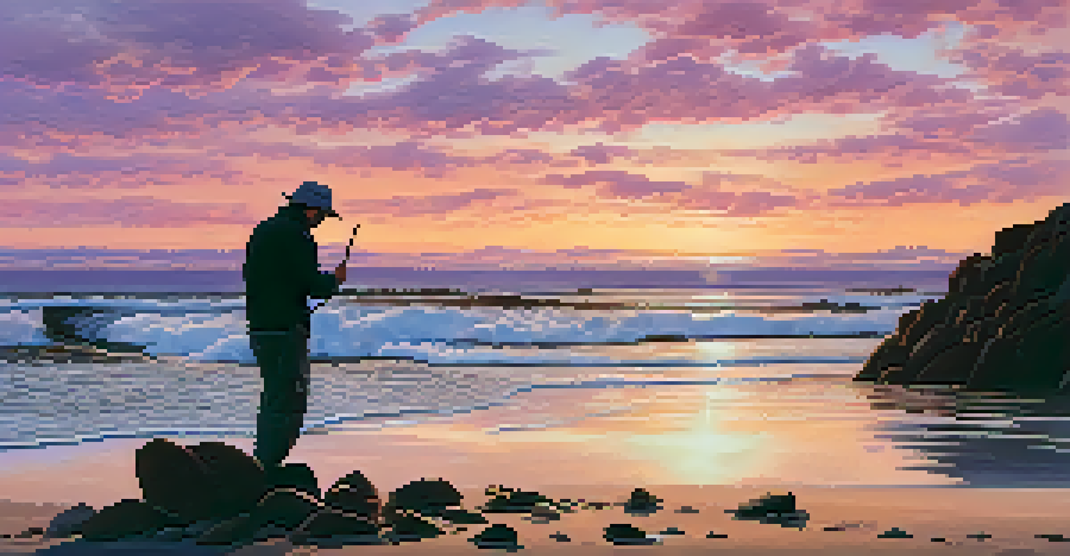 An artist silhouetted against a colorful sunset on the beach, creating art with natural materials like sand and stones.