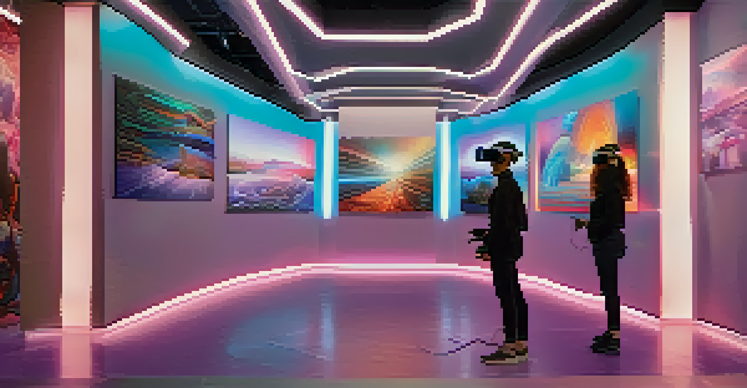 A modern virtual reality art gallery where visitors use VR headsets to explore dynamic 3D artworks in a bright and immersive setting.