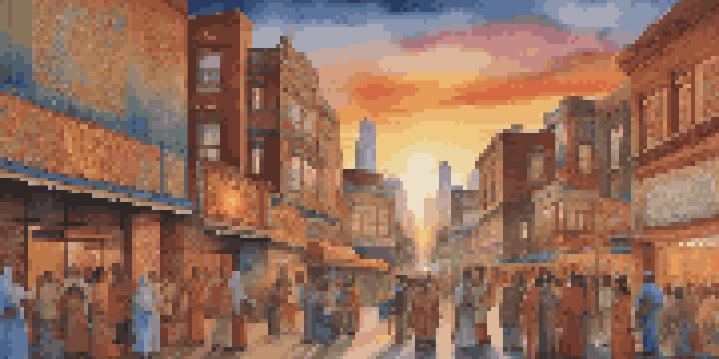 A colorful street mural showcasing diverse cultural figures and symbols, with people admiring the artwork in a warm sunset light.