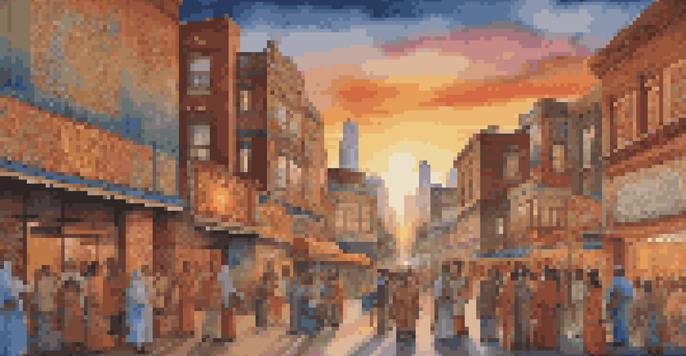 A colorful street mural showcasing diverse cultural figures and symbols, with people admiring the artwork in a warm sunset light.