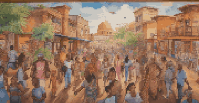 A community mural showing diverse individuals collaborating through art, filled with cultural symbols and bright colors, illuminated by warm sunlight.