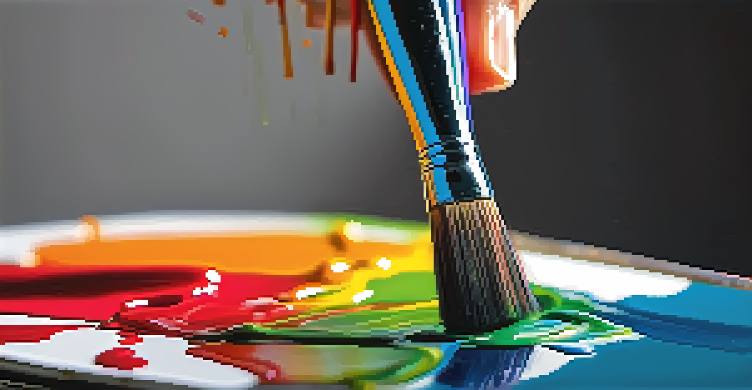 A close-up of a hand holding a paintbrush above a colorful canvas, showcasing the textures of the paint and brush.