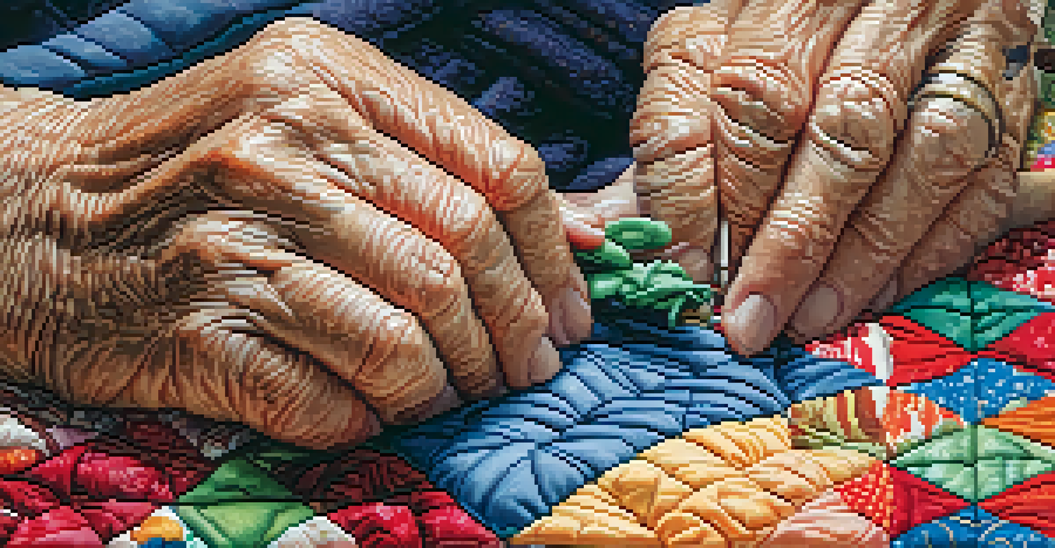 A close-up of hands stitching a vibrant quilt, highlighting the textures and colors of the fabric.