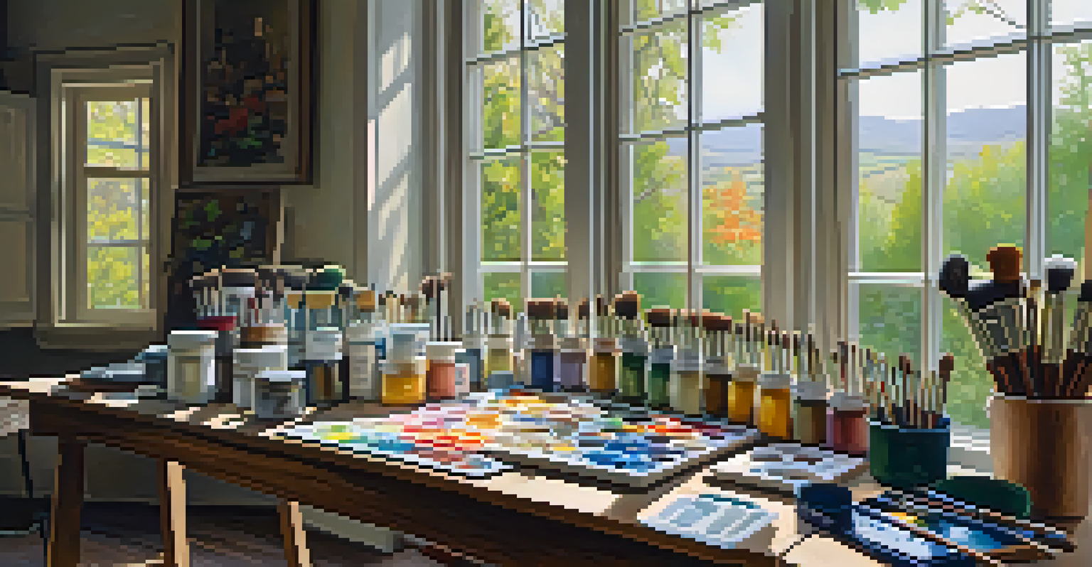 An artist's studio with canvases, paint supplies, and a large window illuminating a half-finished landscape painting.