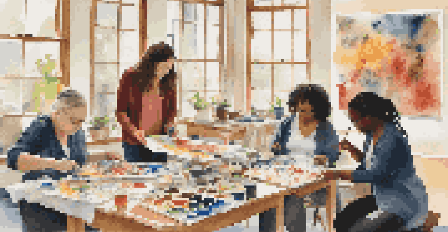 A group of individuals participating in an art therapy session, creating art in a bright and inviting room filled with supplies.