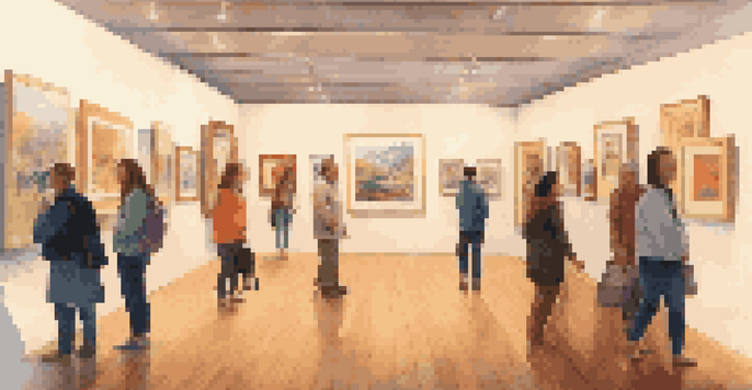 A lively art gallery with diverse artworks and visitors of various backgrounds interacting in a warmly lit space.