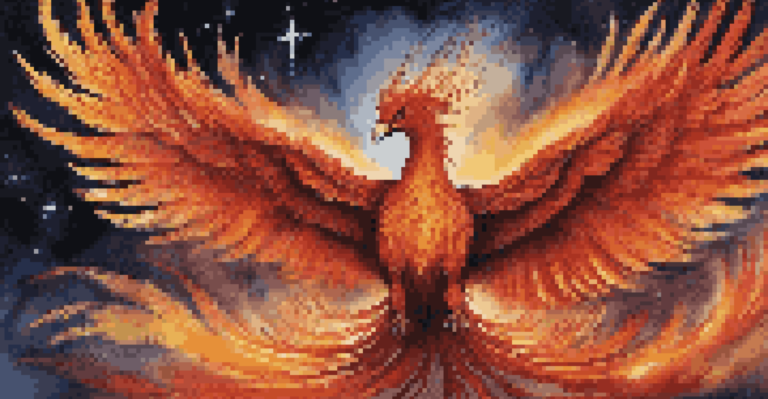 A phoenix rising from flames under a starry night sky, showcasing vivid colors and intricate feather details.
