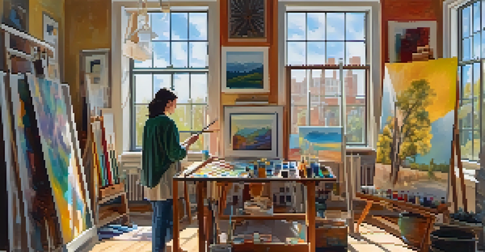 A bright art studio with an artist painting on a large canvas, surrounded by colorful art supplies and illuminated by warm sunlight.