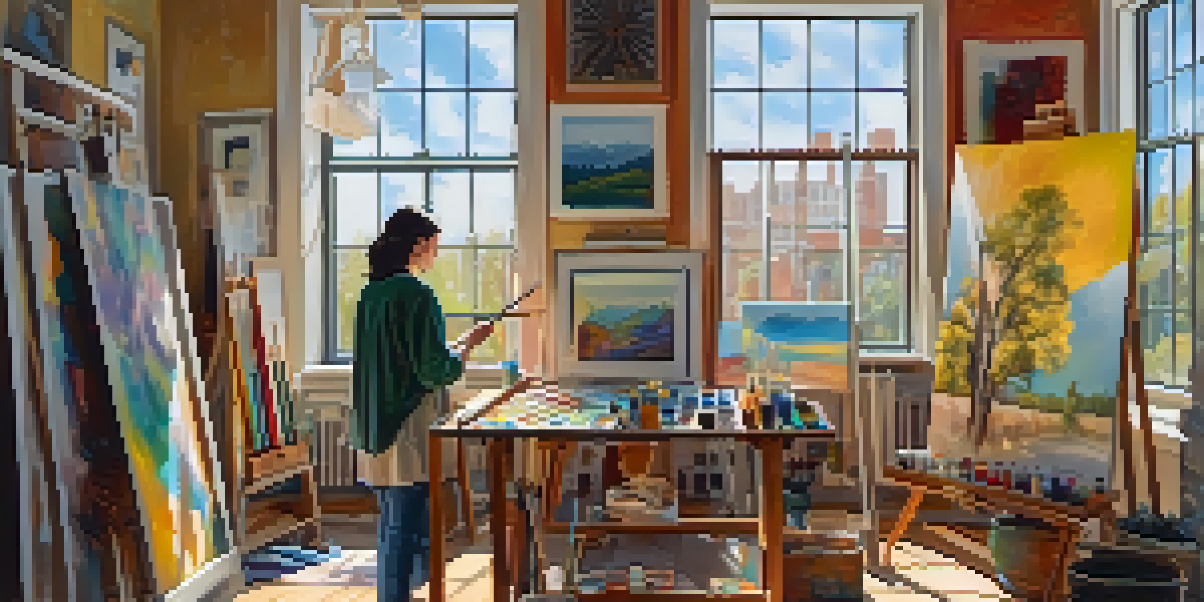 A bright art studio with an artist painting on a large canvas, surrounded by colorful art supplies and illuminated by warm sunlight.