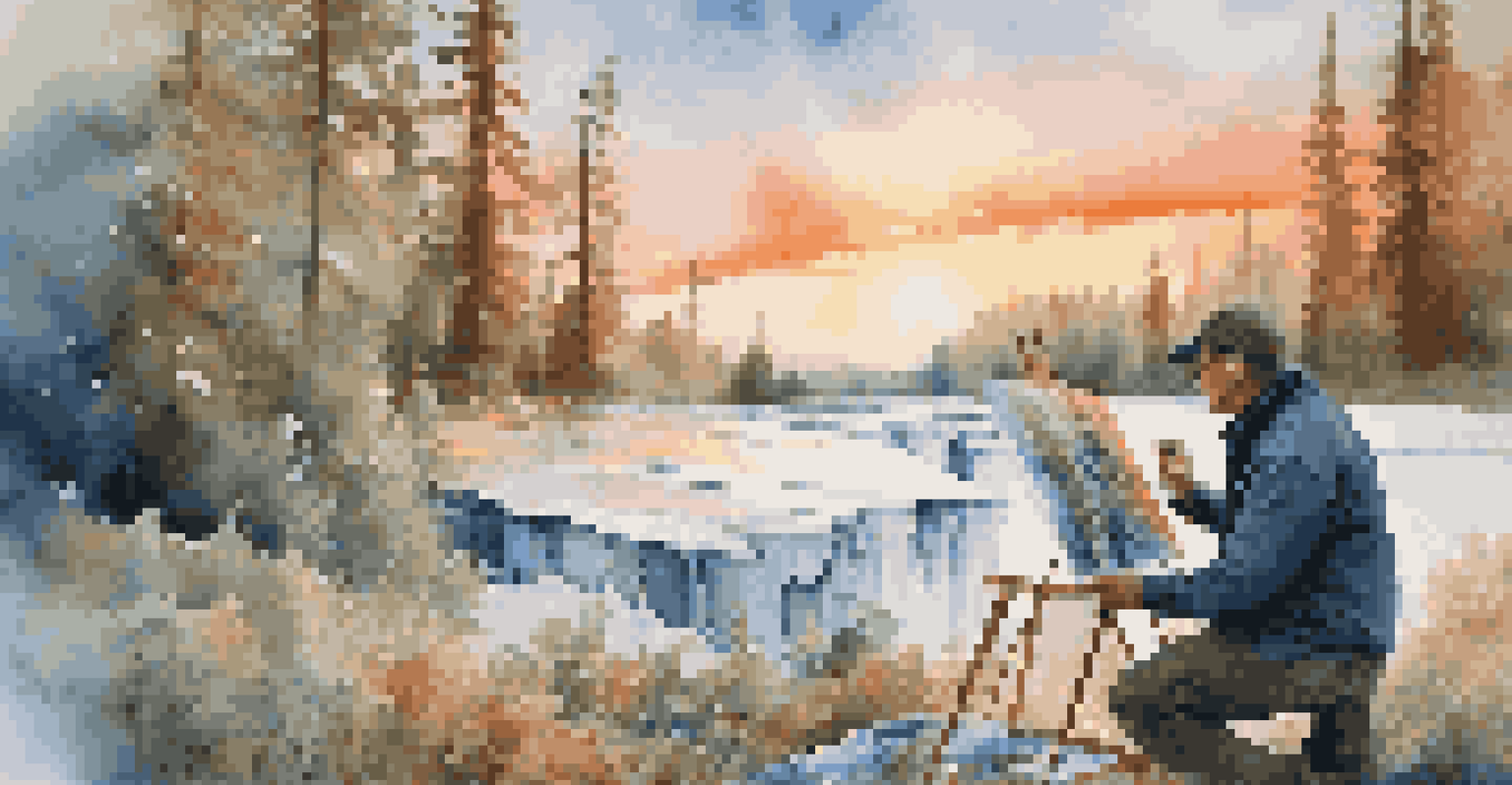 An artist passionately painting a canvas about climate change in a natural setting during sunset.