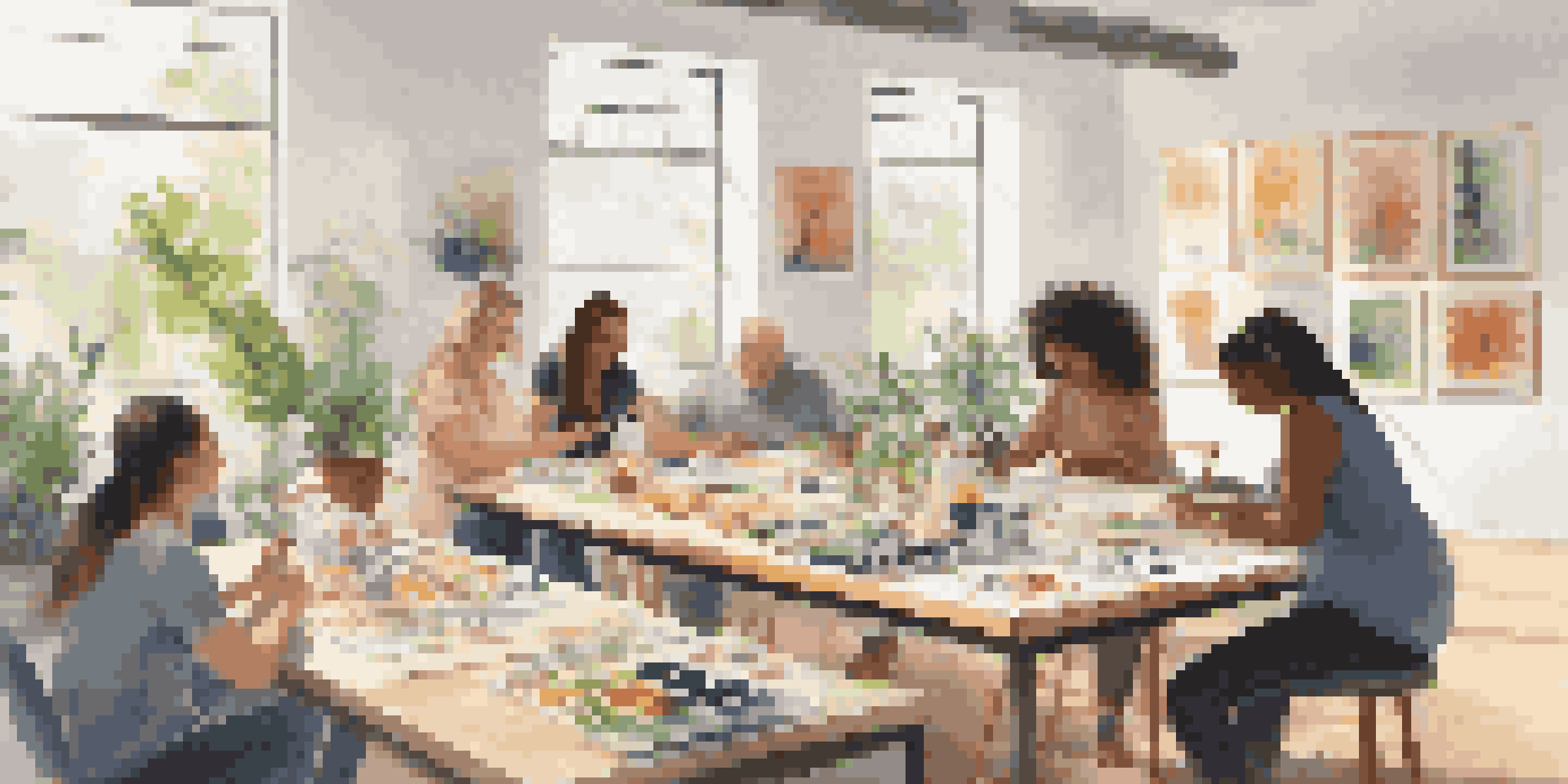 A group of diverse individuals participating in an art therapy session in a bright studio with art supplies and colorful artwork on the walls.