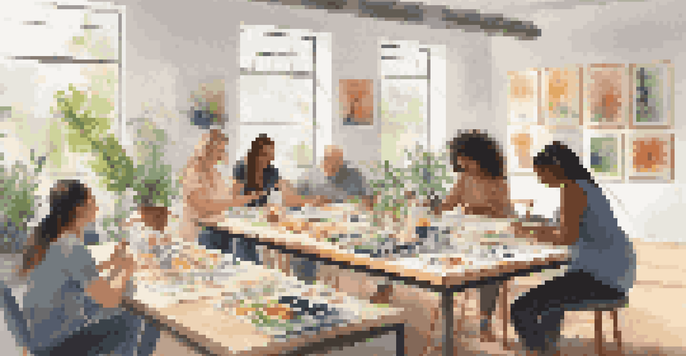 A group of diverse individuals participating in an art therapy session in a bright studio with art supplies and colorful artwork on the walls.