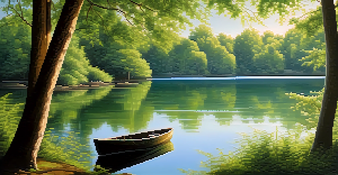 A calm lake surrounded by green trees and a clear blue sky, with a small wooden boat floating near the shore.