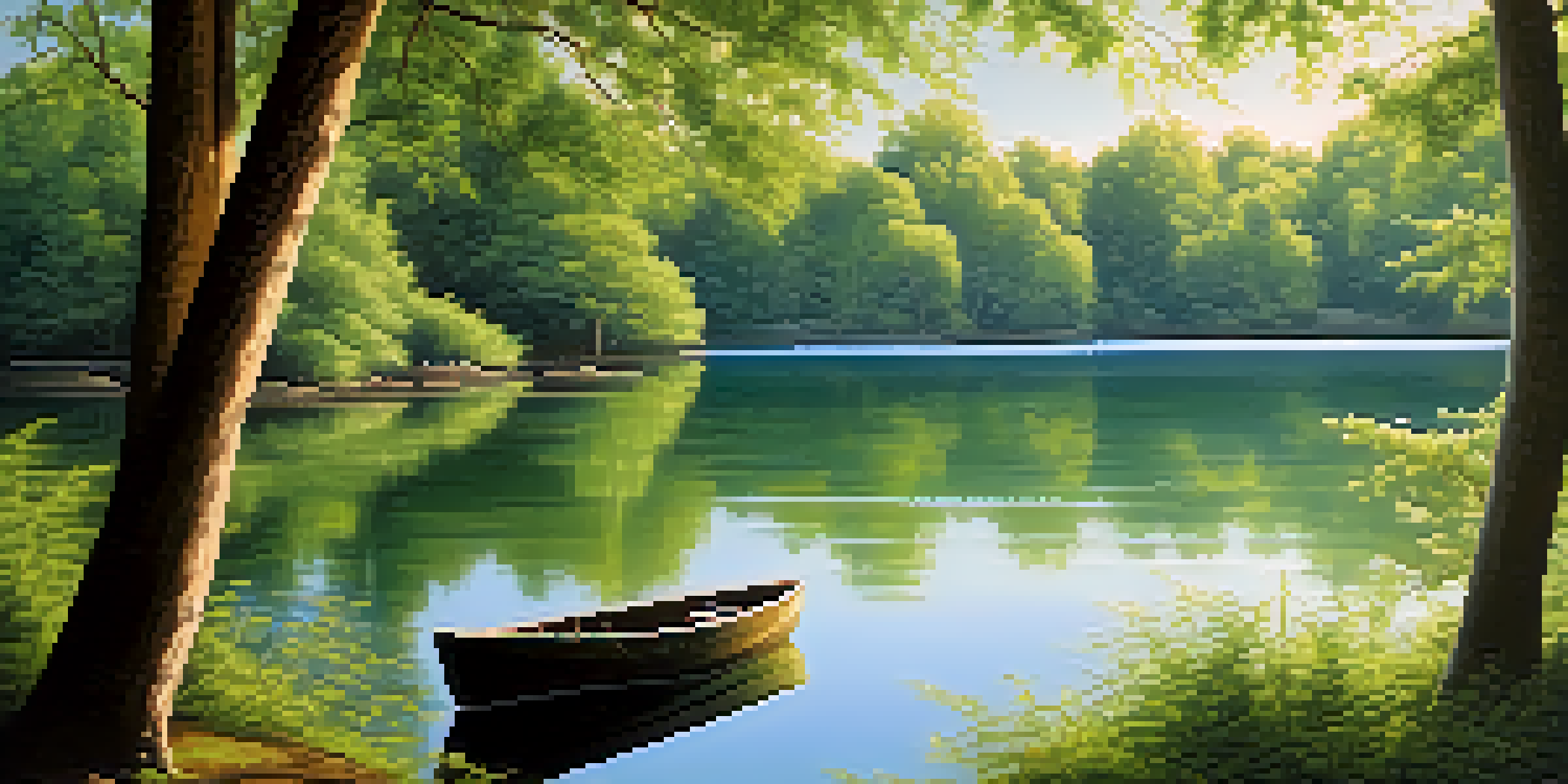A calm lake surrounded by green trees and a clear blue sky, with a small wooden boat floating near the shore.