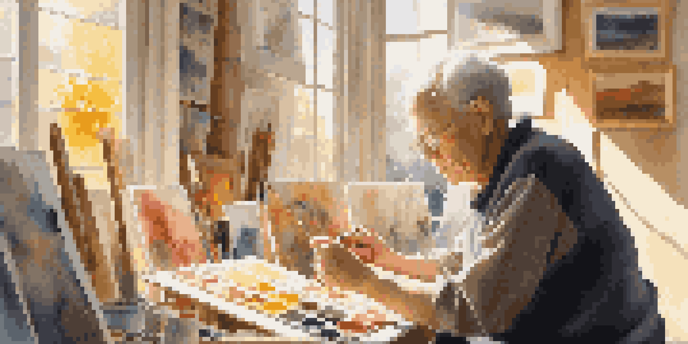 An elderly artist in a bright studio, painting a colorful landscape with various art supplies around.
