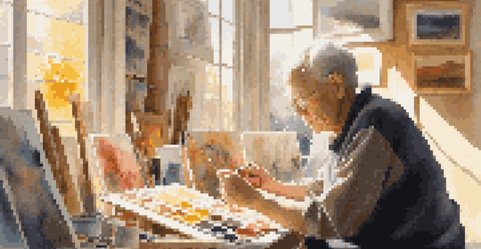 An elderly artist in a bright studio, painting a colorful landscape with various art supplies around.