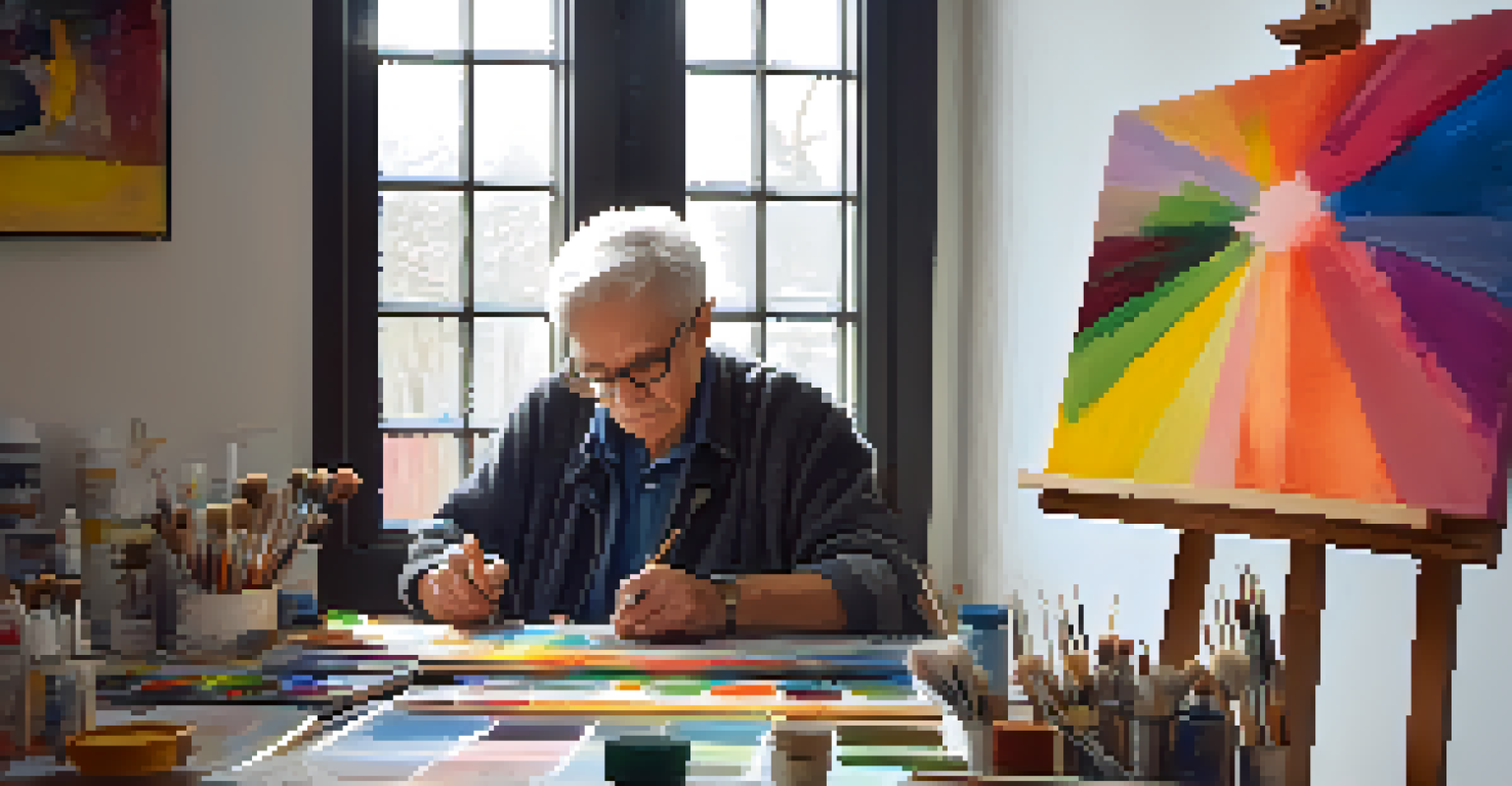 An elderly artist painting in a sunlit studio, surrounded by colorful artworks, with a focused expression.