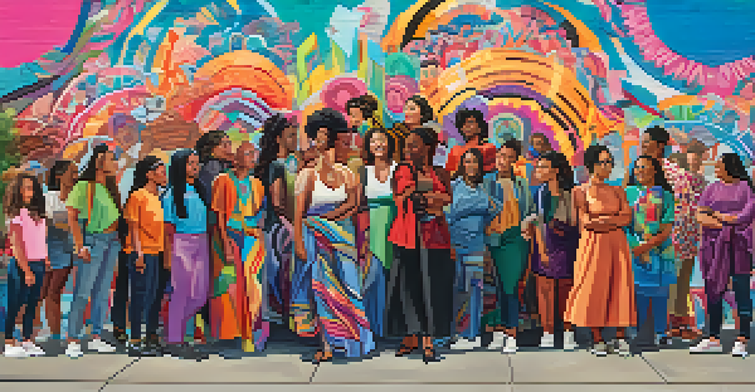 A diverse group of individuals standing in front of a vibrant mural that challenges gender norms, representing unity and intersectionality.