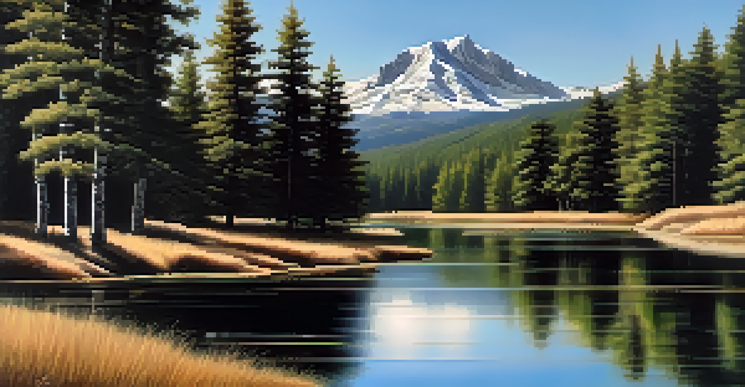 A tranquil landscape with a still lake reflecting trees and mountains, showcasing soft textures and a serene sky.