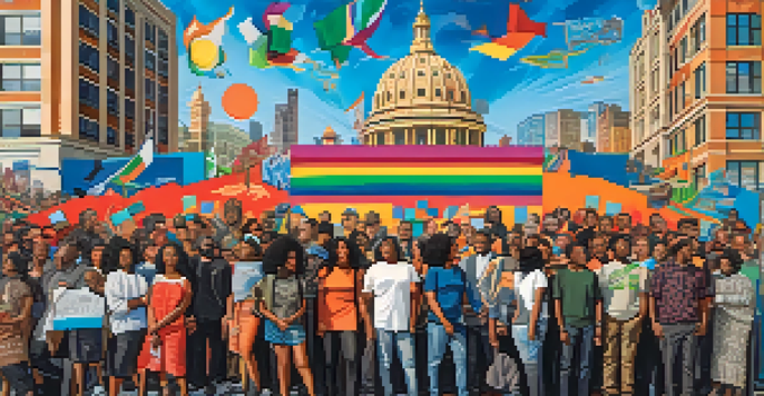 A diverse group of activists standing in front of a colorful mural with messages about social justice, set in an urban environment.