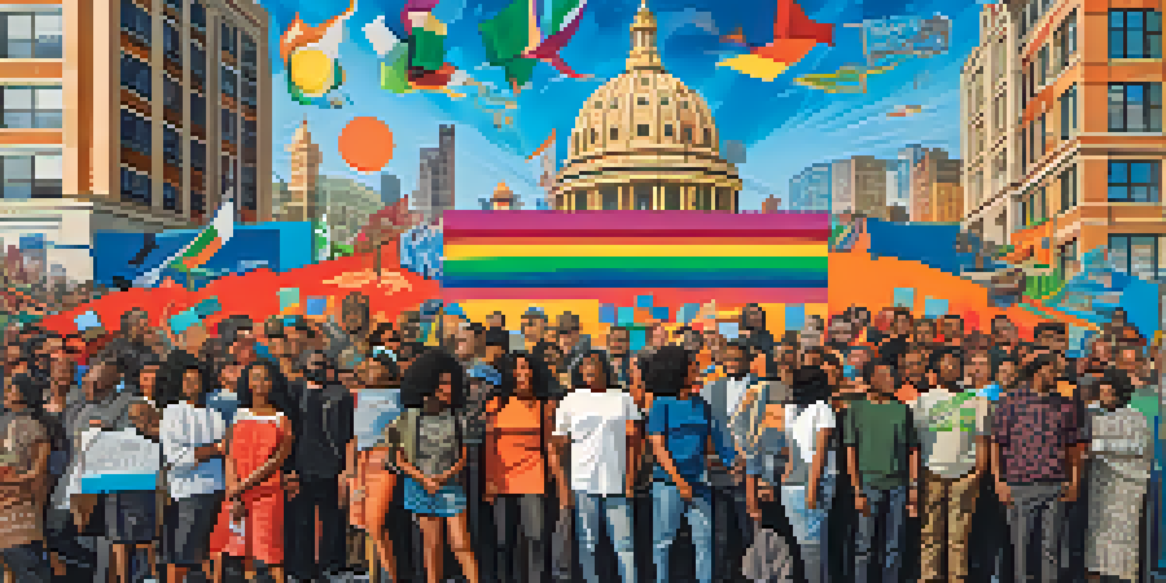 A diverse group of activists standing in front of a colorful mural with messages about social justice, set in an urban environment.