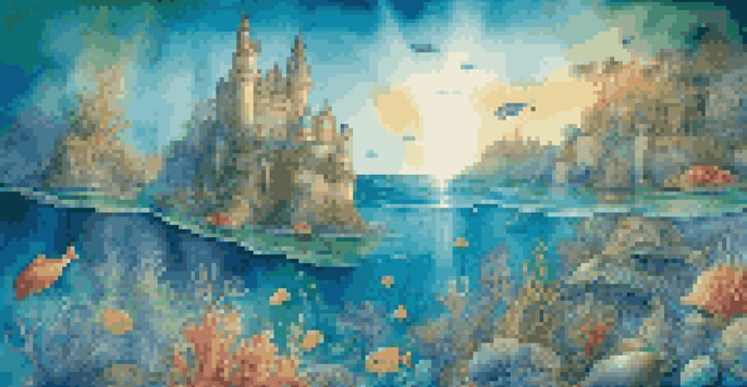 A colorful underwater kingdom with mermaids, dolphins, and a shell castle, illuminated by sunlight filtering through the water.