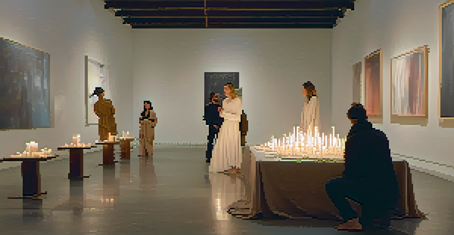 An intimate performance art piece in a dimly lit gallery, featuring a woman in white fabric surrounded by candles, with an engaged audience illuminated by the soft light.