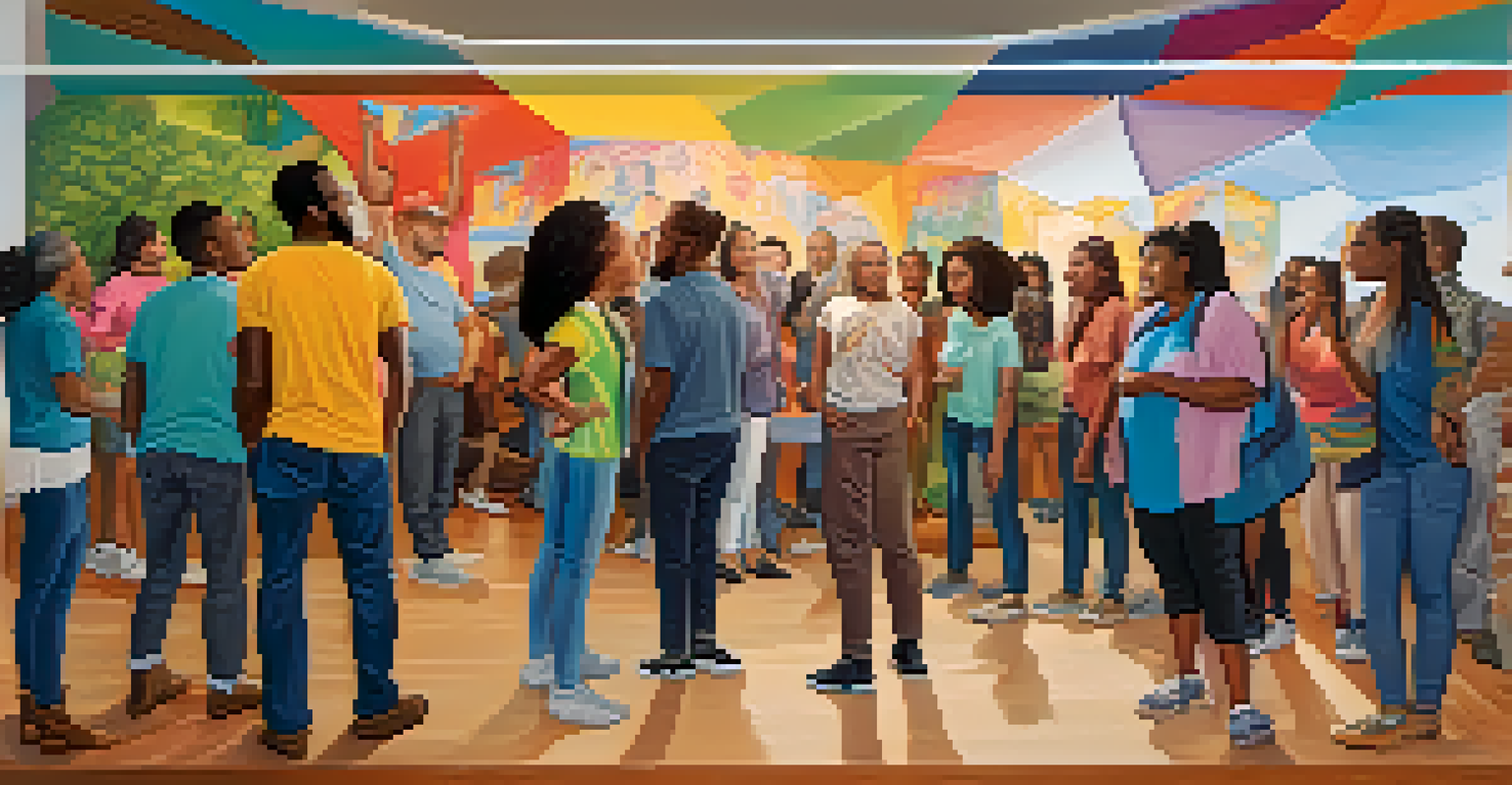 A group of diverse individuals discussing a colorful mural in a bright community space, showing engagement.