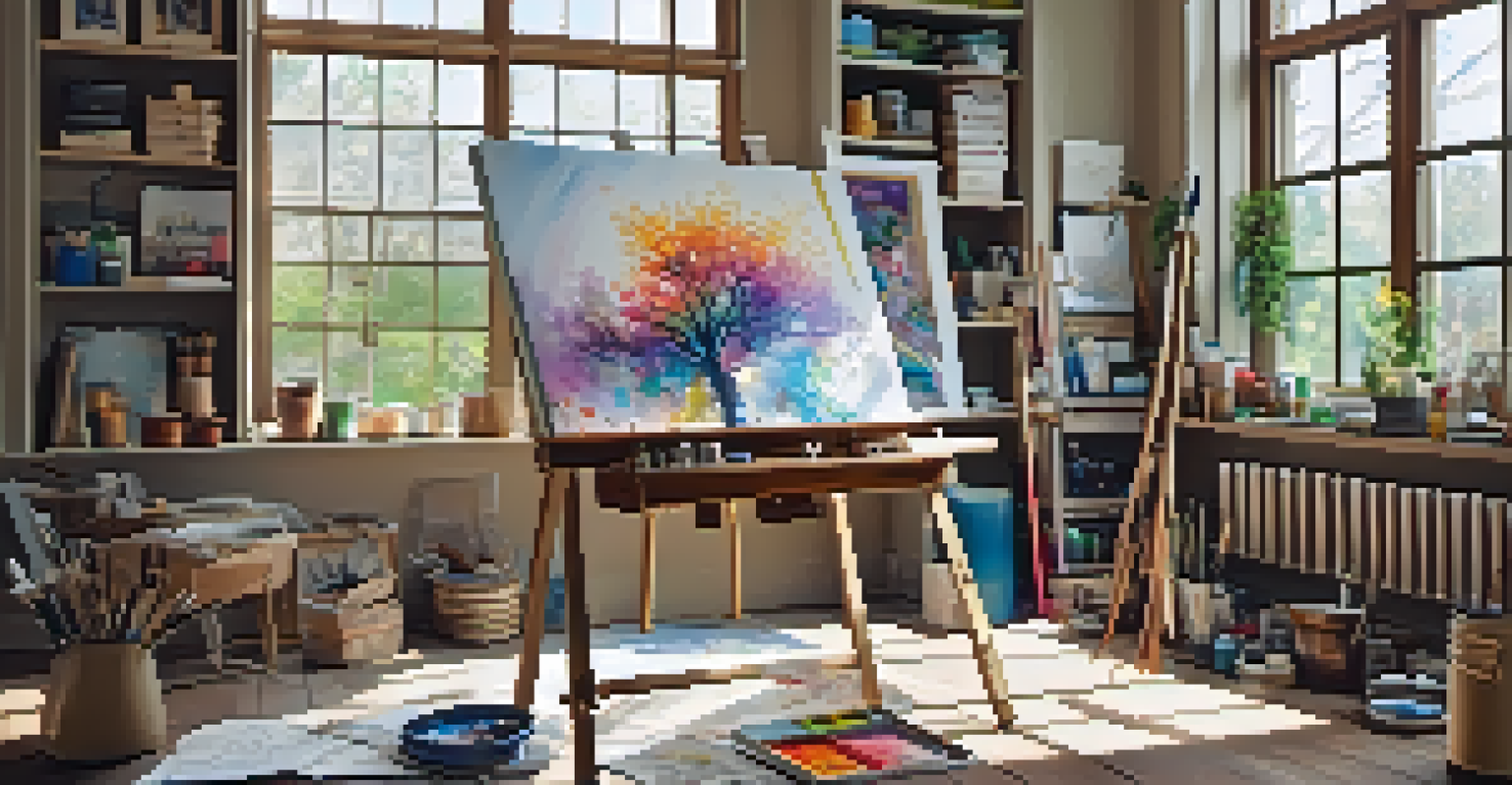A cozy art studio filled with art supplies, a half-finished painting on an easel, and warm natural light illuminating the space.
