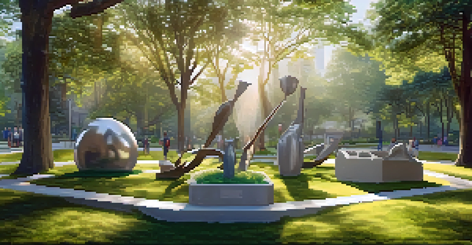 An outdoor art installation in a park made of recycled materials, surrounded by greenery and illuminated by soft morning light.