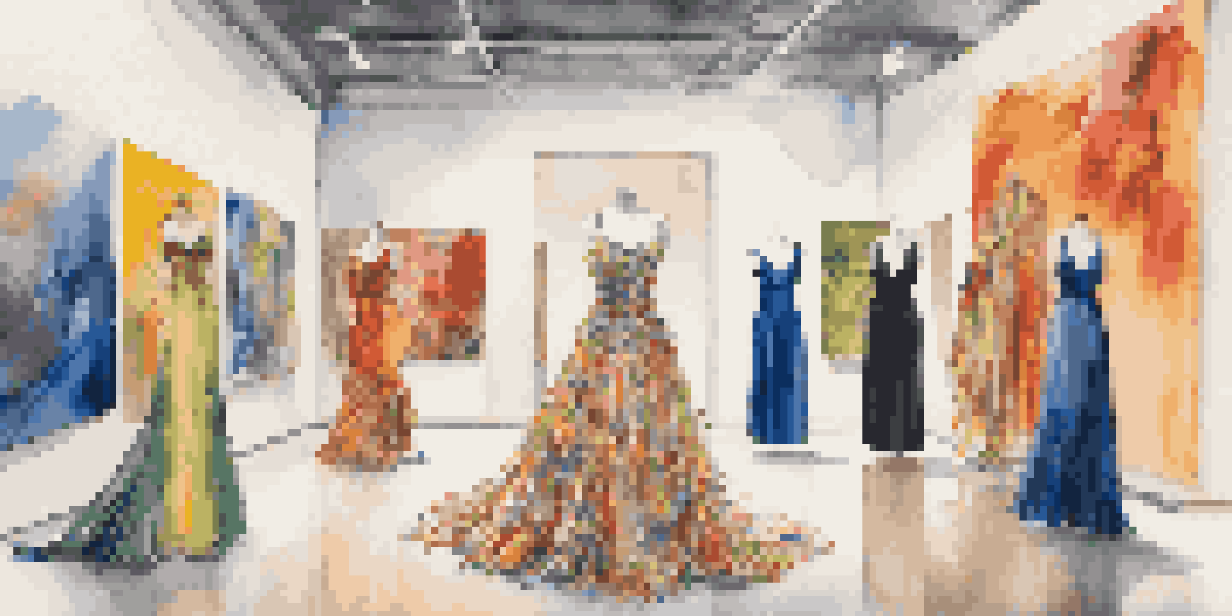 A fashion exhibition featuring a gown made from recycled materials, surrounded by colorful art pieces, with visitors exploring the gallery.