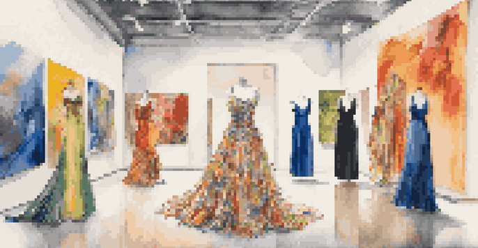 A fashion exhibition featuring a gown made from recycled materials, surrounded by colorful art pieces, with visitors exploring the gallery.
