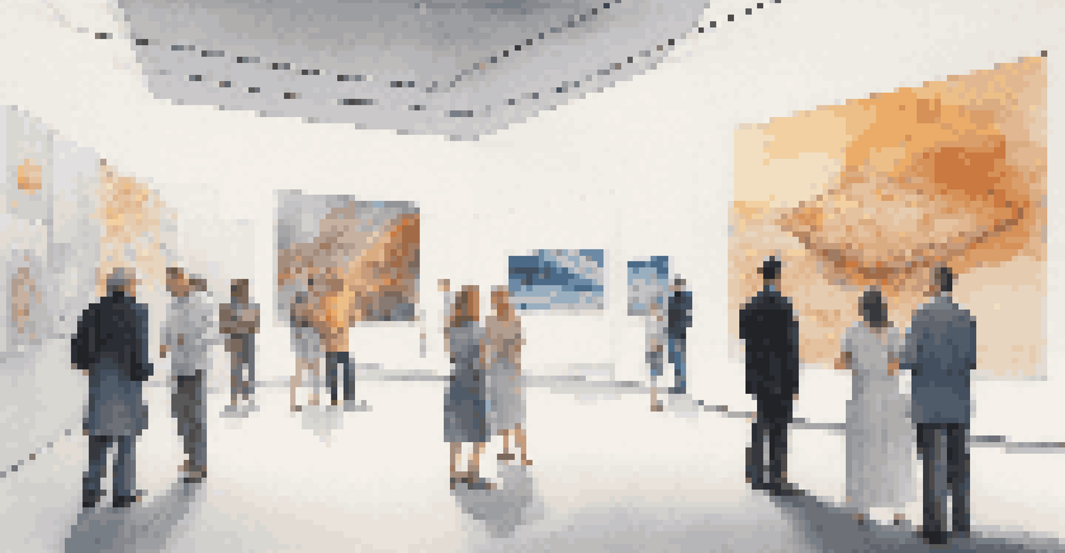 A modern gallery filled with art and science exhibits, featuring data visualizations and virtual reality displays.