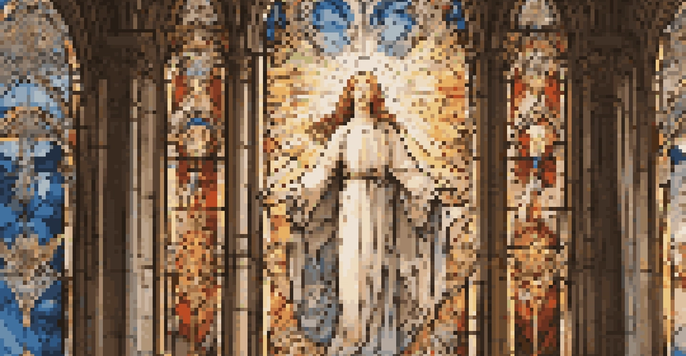 A stained glass window in a church, showing an angel with colorful light filtering through.