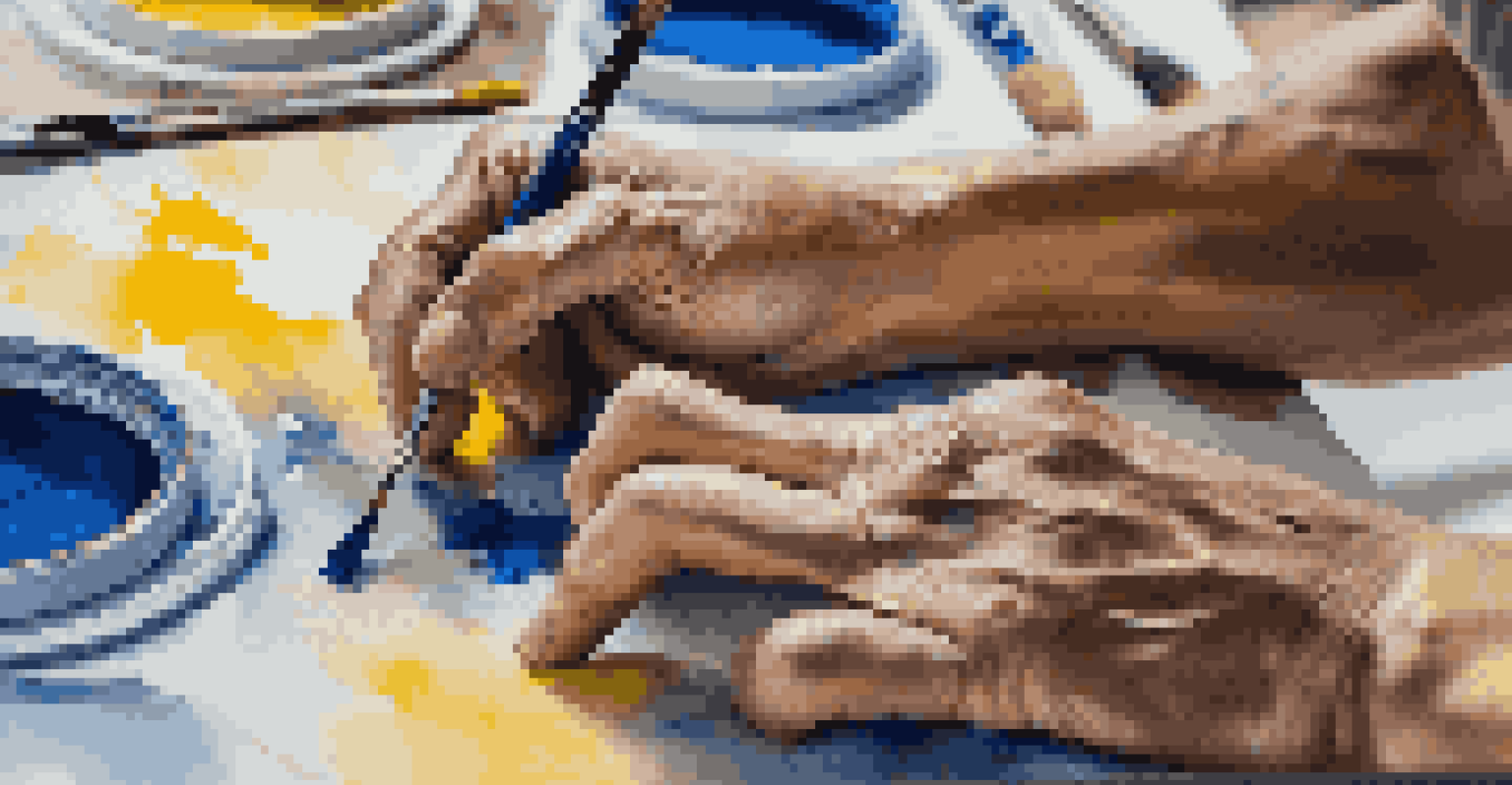 Close-up of a painter's hands blending colors on a canvas with a palette knife.