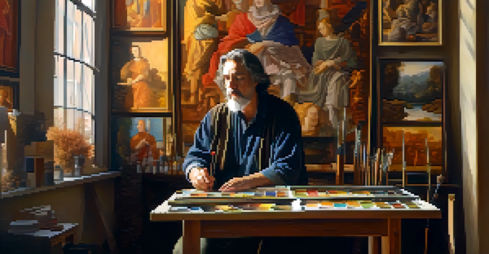 A Renaissance artist mixing colors on a palette in a warmly lit studio filled with canvases and sculpting tools.