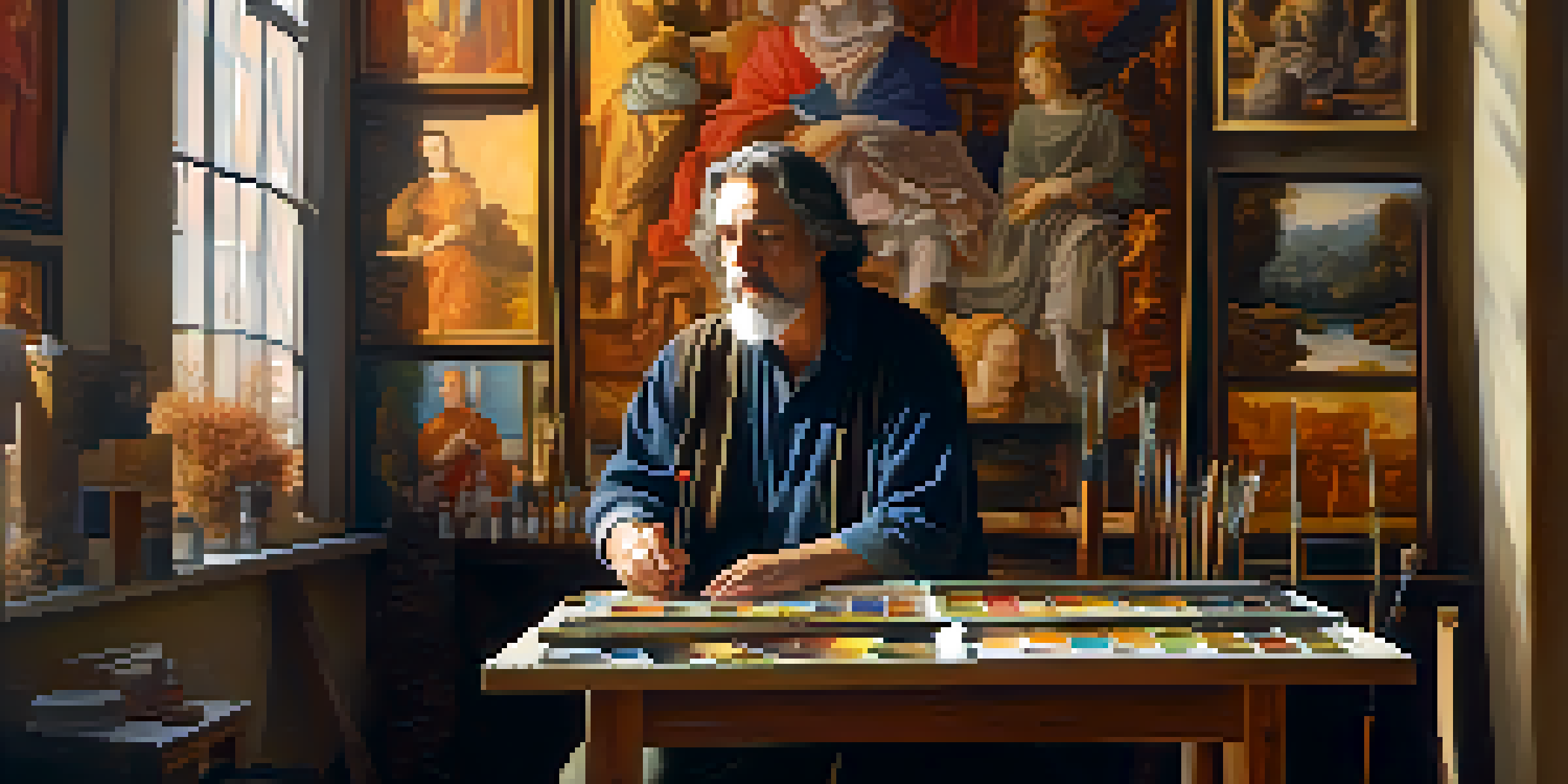 A Renaissance artist mixing colors on a palette in a warmly lit studio filled with canvases and sculpting tools.