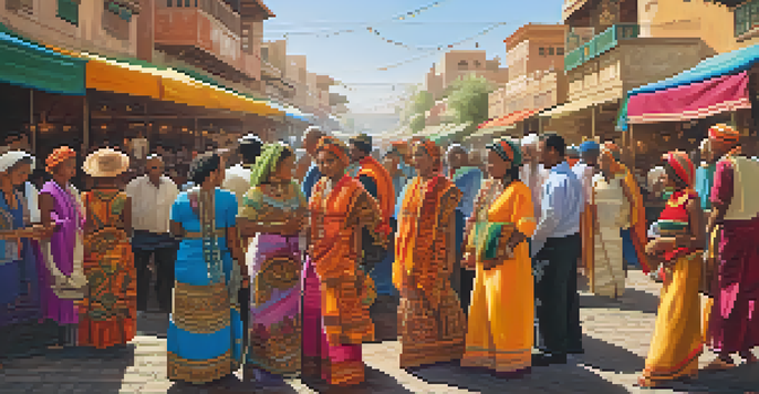 A lively street scene with people wearing colorful outfits representing various cultures, amidst a marketplace filled with traditional textiles.