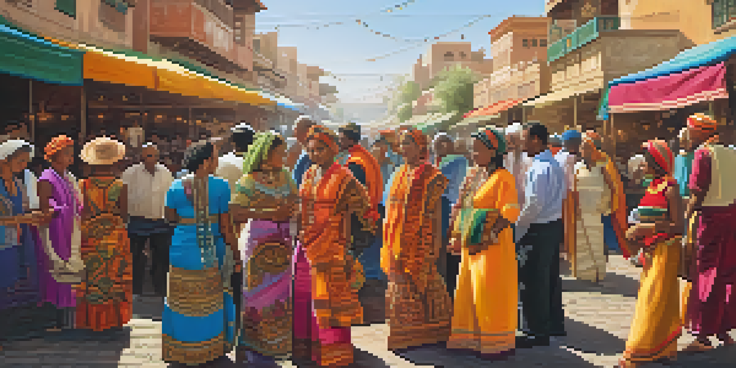 A lively street scene with people wearing colorful outfits representing various cultures, amidst a marketplace filled with traditional textiles.