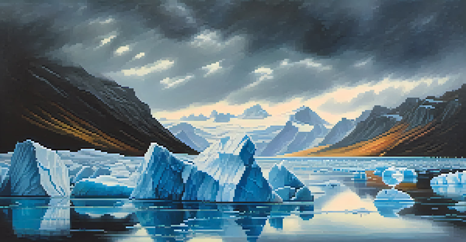 A melting glacier landscape with blue icebergs, a dark sky, and a lake reflecting the scene, featuring a distant polar bear.