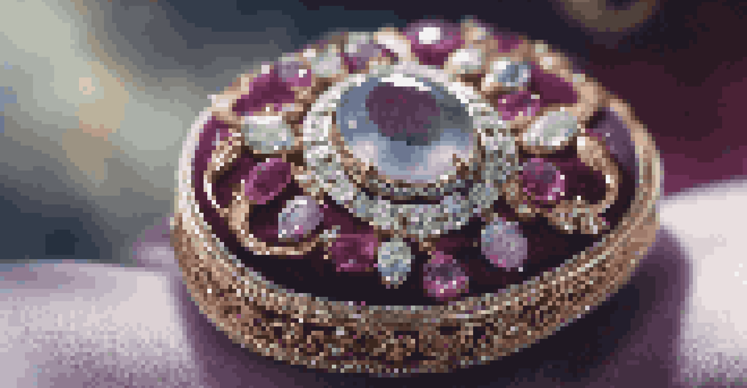 A detailed close-up of a handcrafted jewelry piece on a velvet cushion, sparkling in soft light.