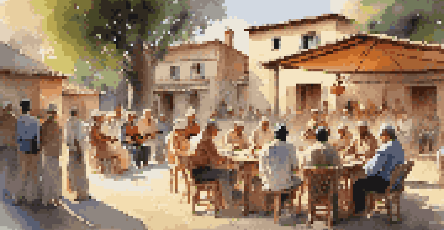 A traditional folk music performance in a village square with musicians and a gathered audience, illuminated by warm evening light.