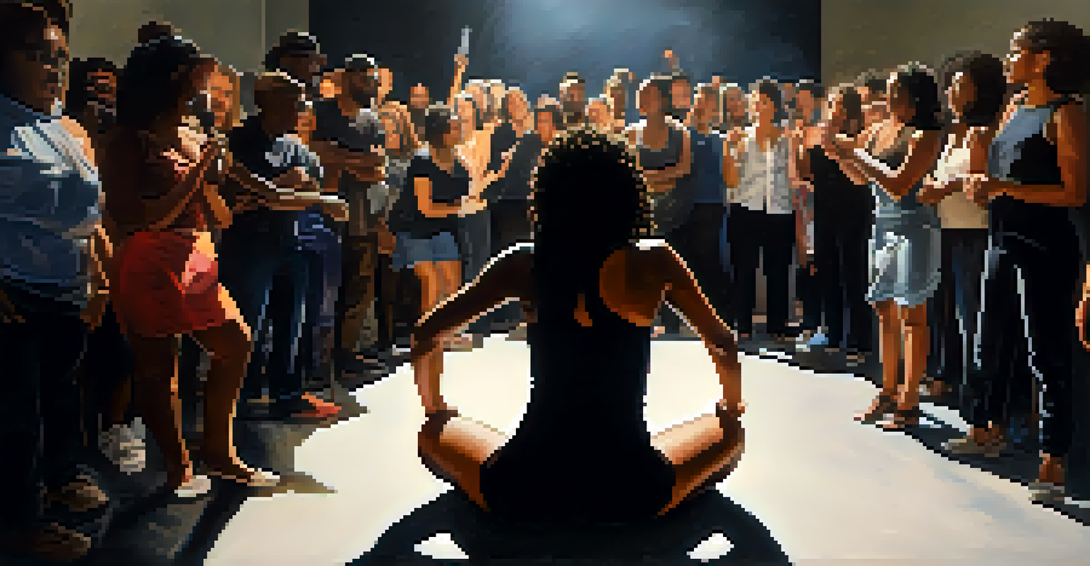 A performance artist of color expressing identity in an urban setting, with a spotlight on her and an engaged audience in the shadows.
