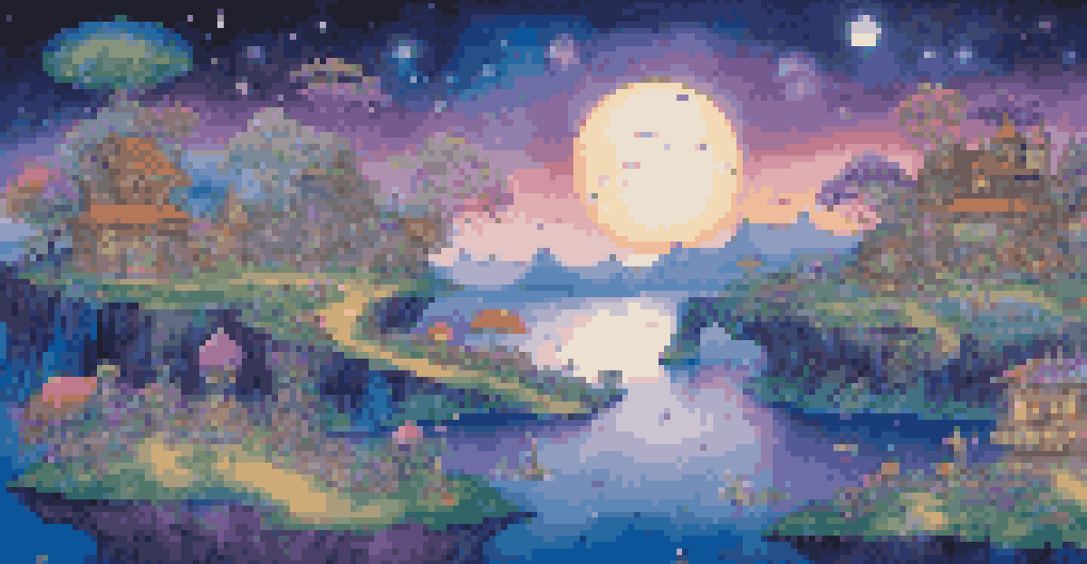 A surreal dreamscape with floating islands, colorful flowers, and a twilight sky filled with stars and a glowing moon.