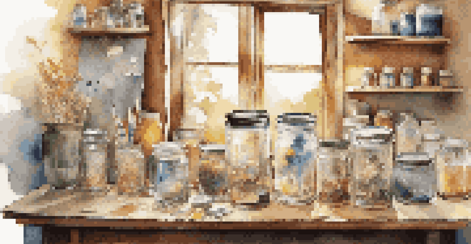An inviting workspace with a person creating art from upcycled materials, surrounded by glass jars and old packaging, illuminated by natural light.
