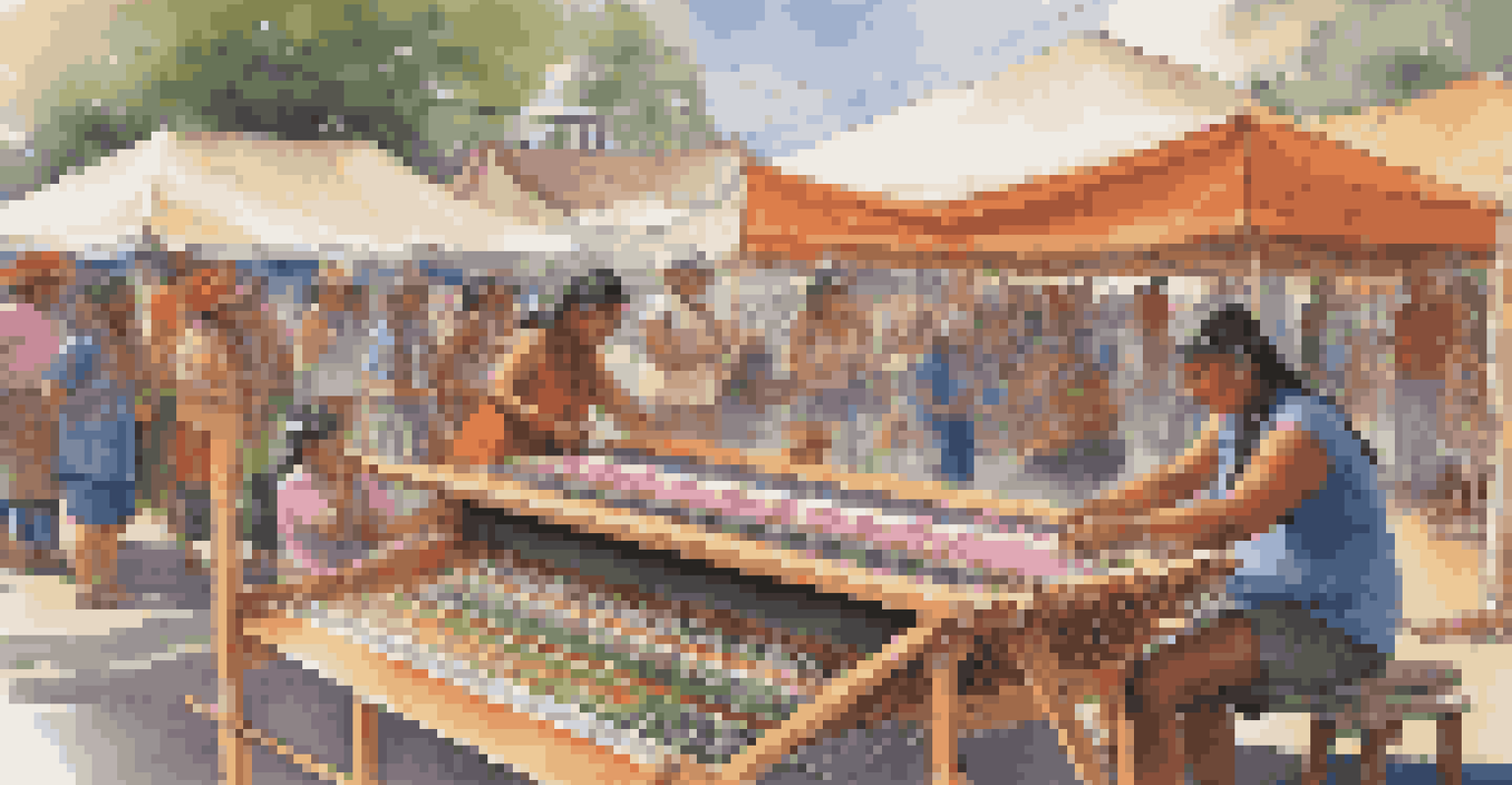 An Indigenous artist weaving at a community art festival with colorful threads and engaged spectators.