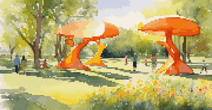 A sunny park with large, colorful abstract sculptures in orange and yellow surrounded by green grass and wildflowers.